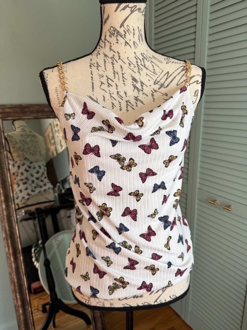 Free Kisses White Butterfly Print Cowl Neck Camisole with Gold Chain Straps